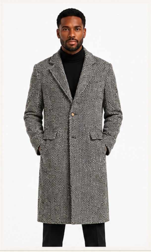 Knee-Length Overcoat — Gray Herringbone — S.WOOD ready piece