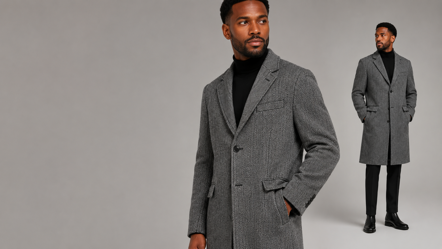 Close detail of the herringbone cloth and hand-finished lapel