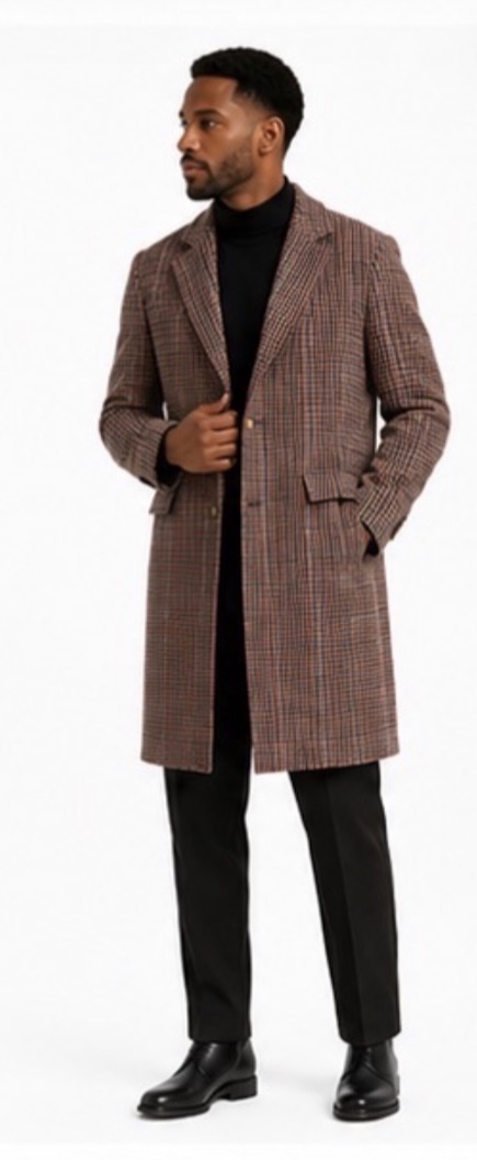 Brown glen check overcoat worn over a black turtleneck, front view