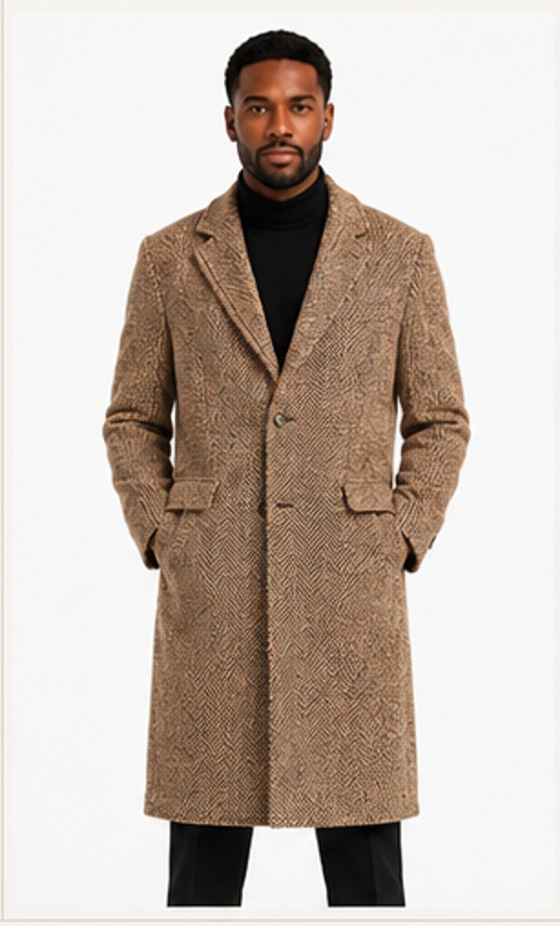 Knee-Length Overcoat — Camel Herringbone — S.WOOD ready piece