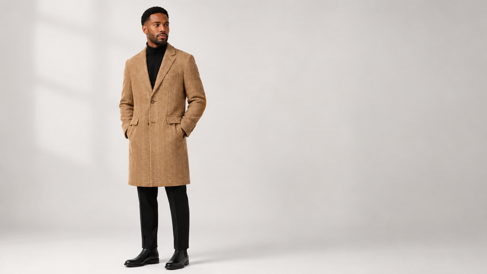 Camel herringbone overcoat, front view