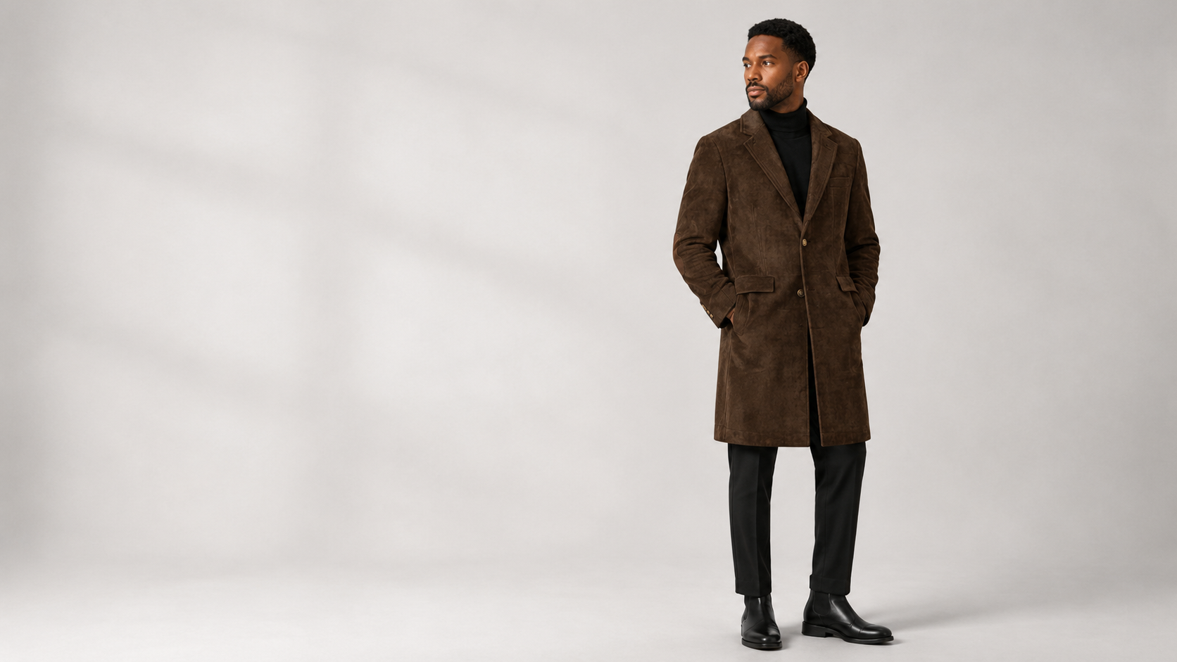 Brown suede overcoat, front view