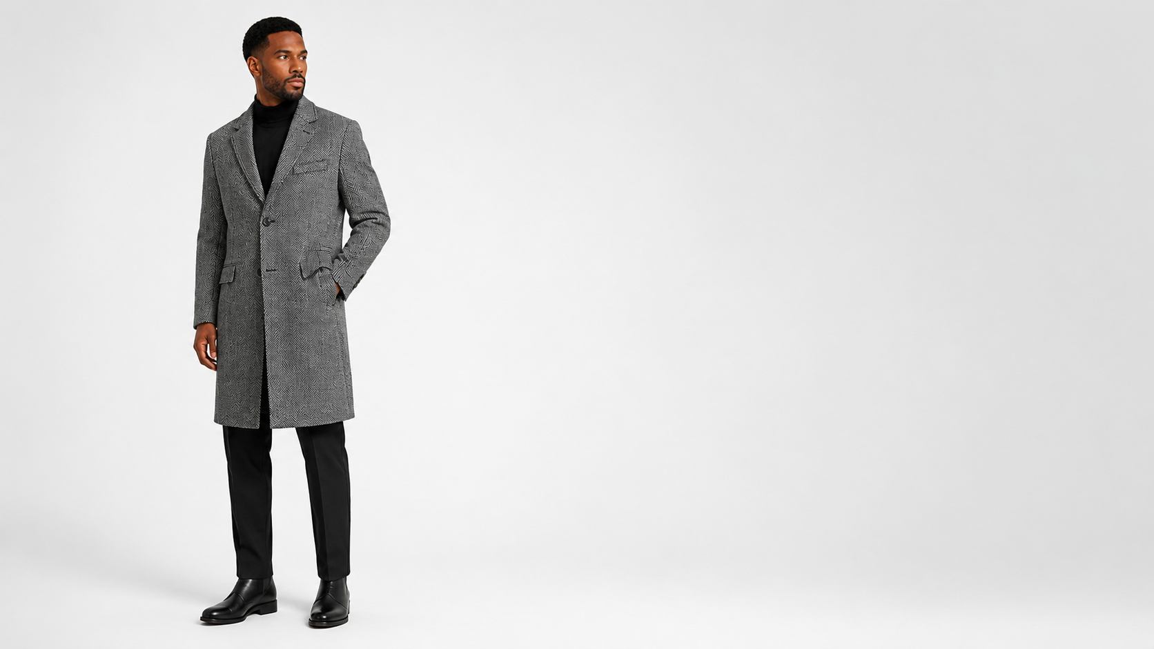 Grey herringbone overcoat, front view