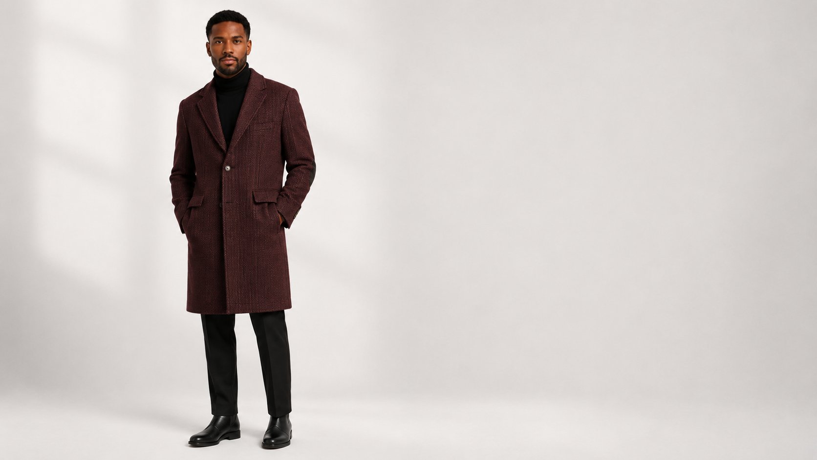 Burgundy herringbone overcoat, front view