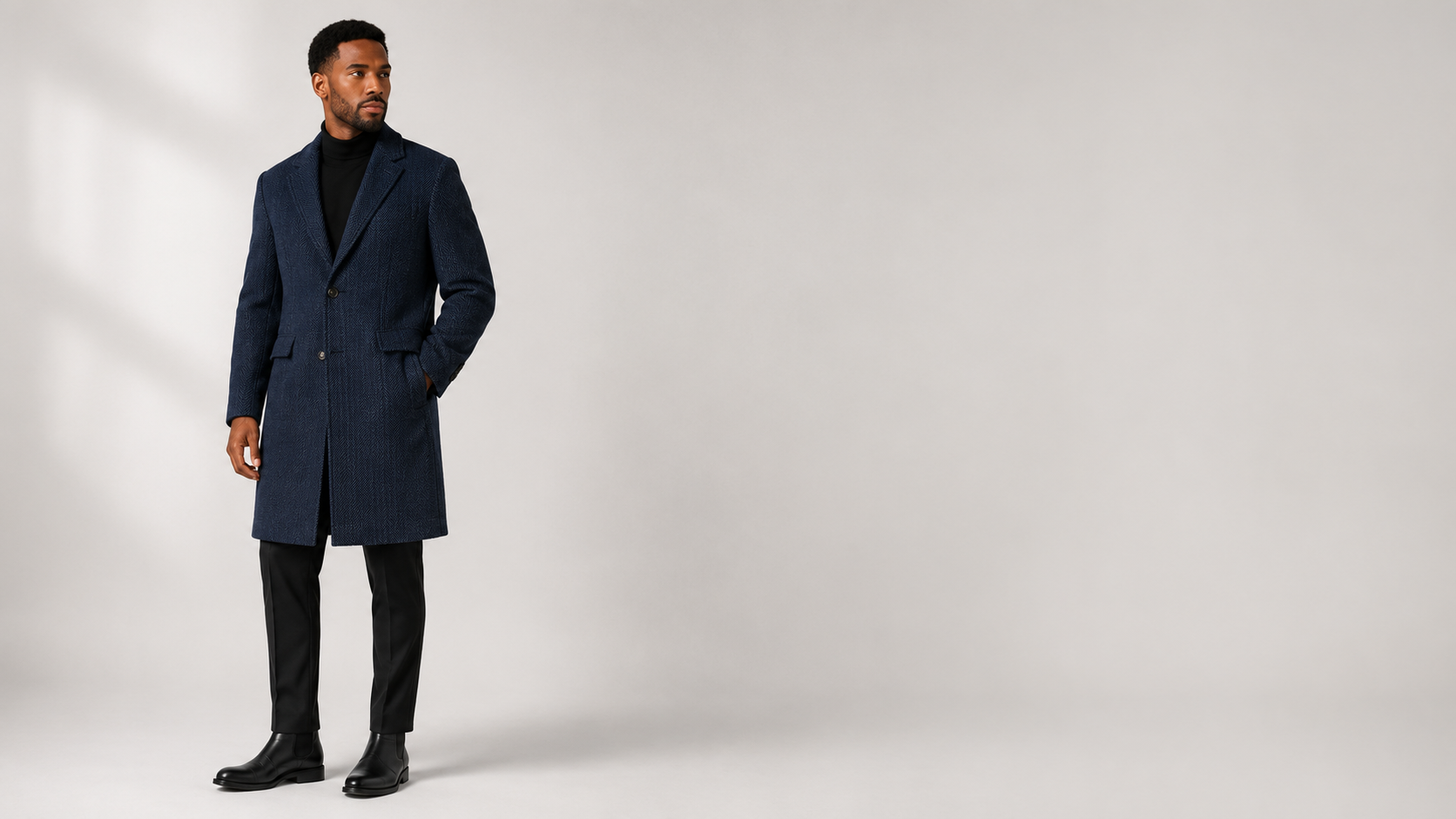 Navy herringbone overcoat, front view
